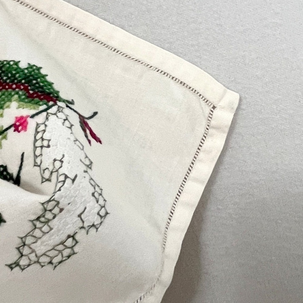 Vintage Hand Embroidered Cross Stitch Floral Tablecloth White Square 48x50 - Picture 7 of 10